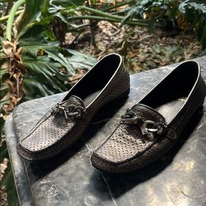 Stuart Weitzman Brown Perforated Leather Slip-On Loafers